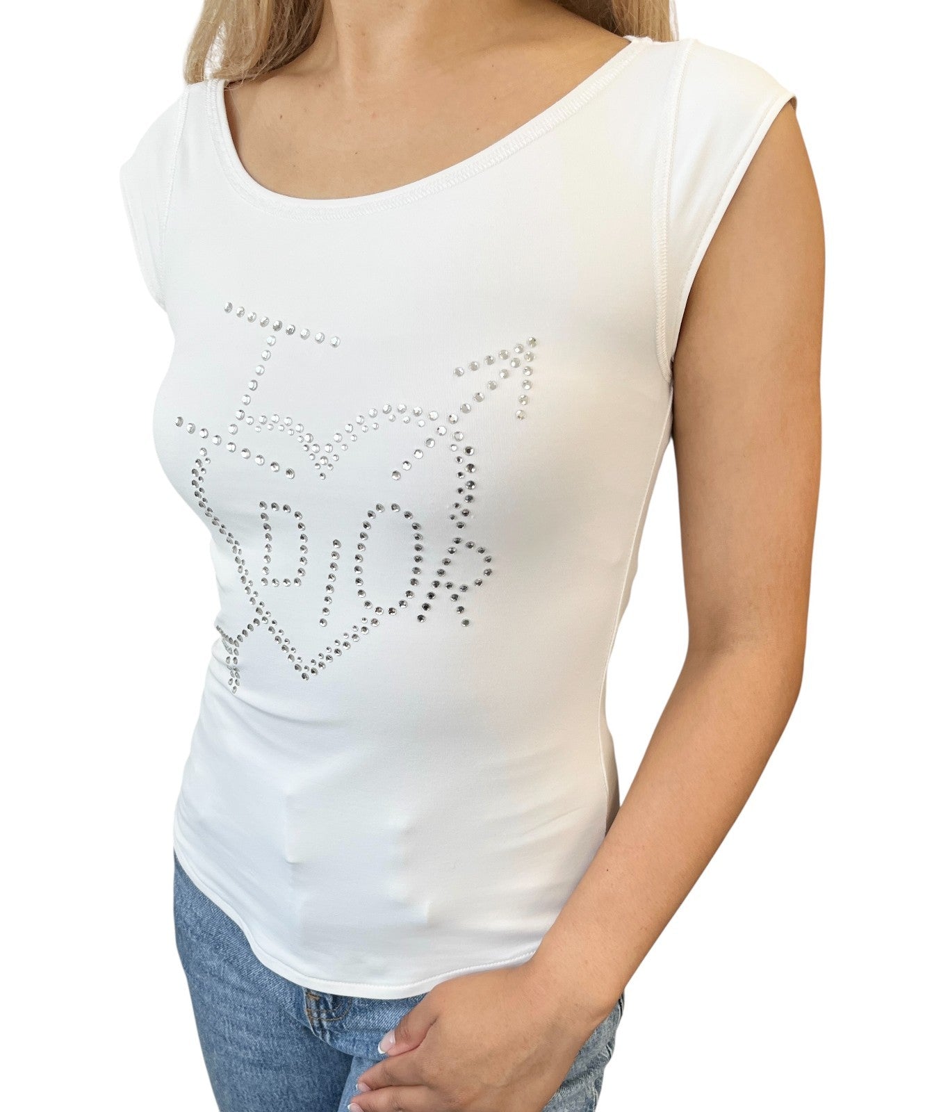 Dior Vintage 2004 I Love Dior Logo Rhinestone Tank Top #38 White Nylon 901806