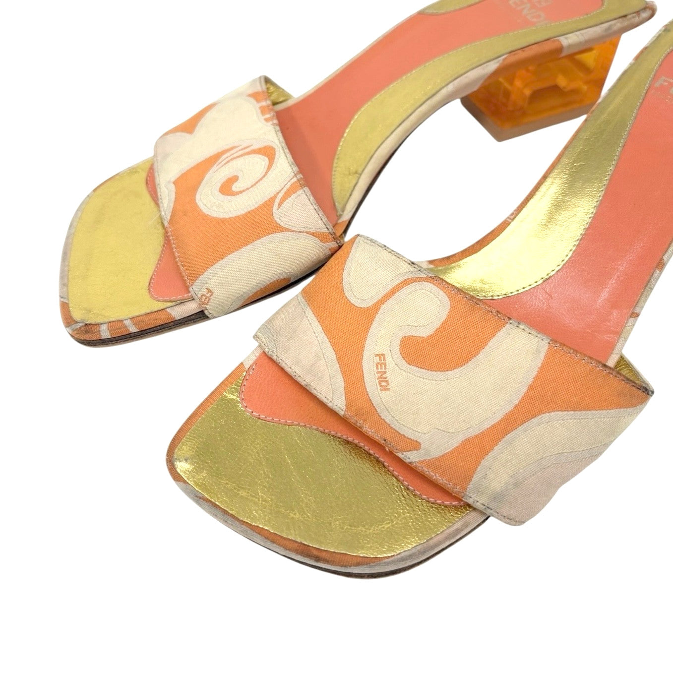 FENDI Vintage FF Logo Sandals Block Heels #36.5 Orange Gold Canvas Leather