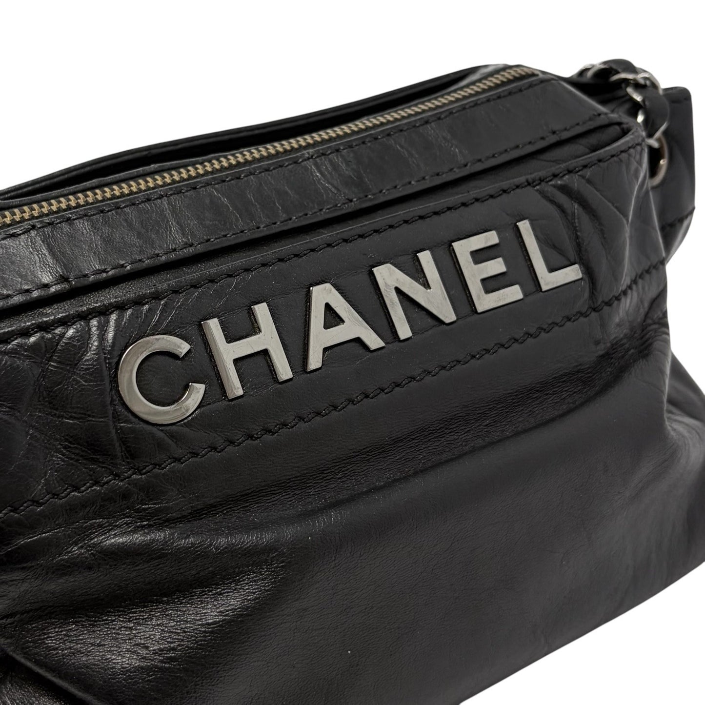 CHANEL Vintage Logo Plate Chain Shoulder Bag Black Silver Leather 902441