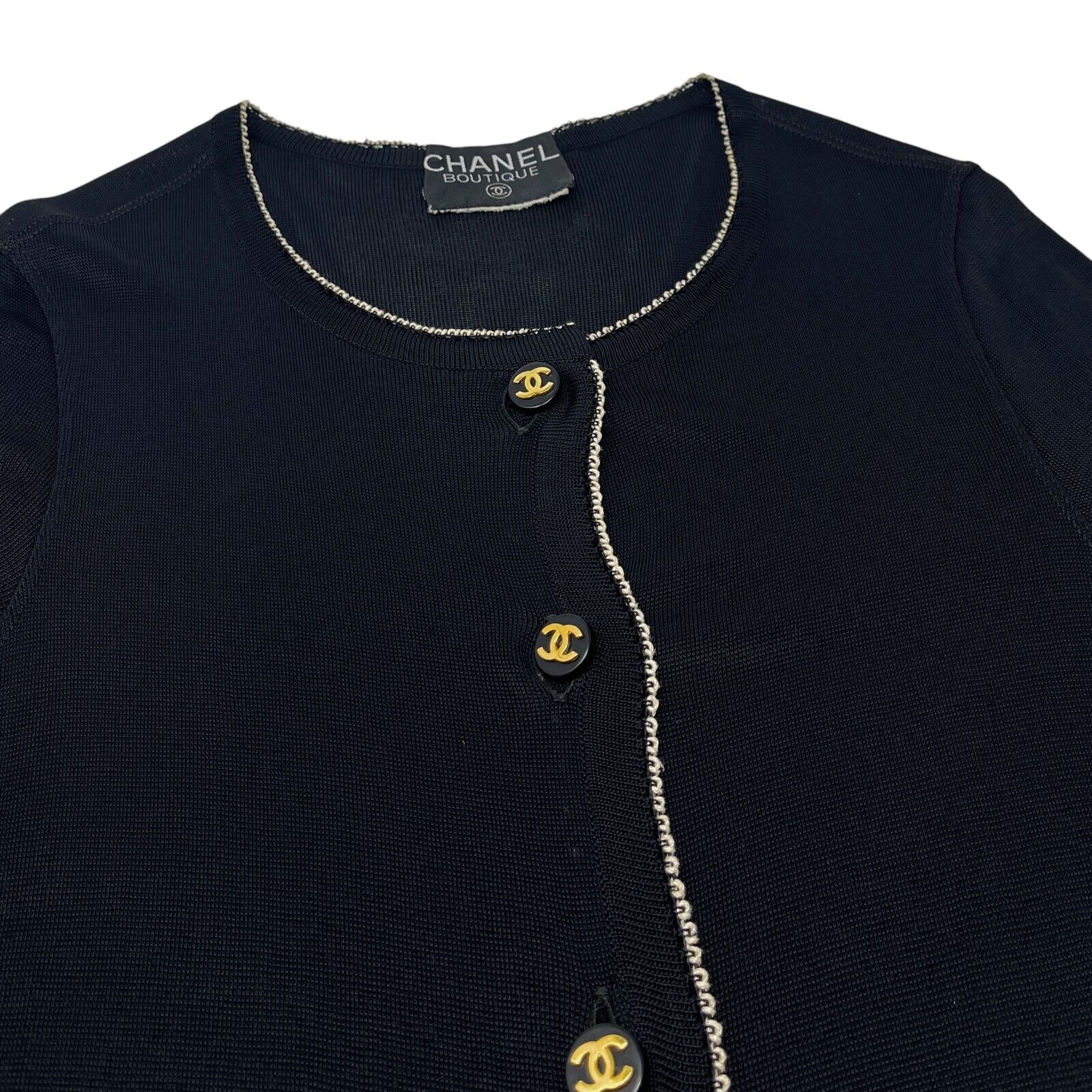 CHANEL Vintage CC Logo Knit Long Cardigan Button Black White Dress Cotton Blend