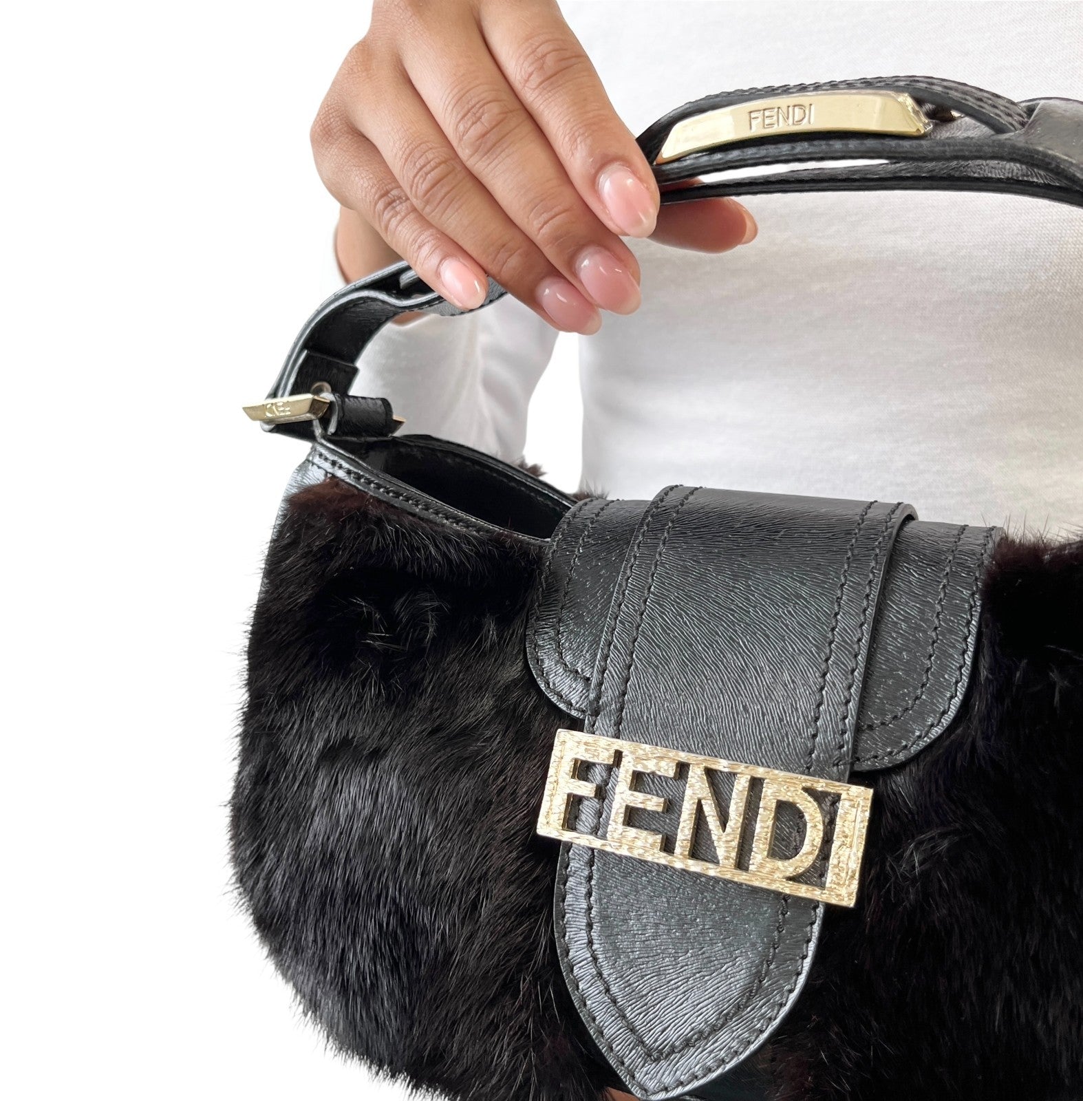 FENDI Vintage Logo Fur Baguette Mini Shoulder Bag Handbag Black Gold Leather