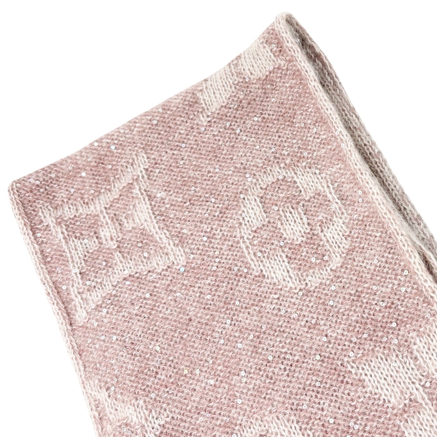 LOUIS VUITTON Vintage Monogram Logo Knit Sequins Scarf Muffler Wrap Pink Mohair