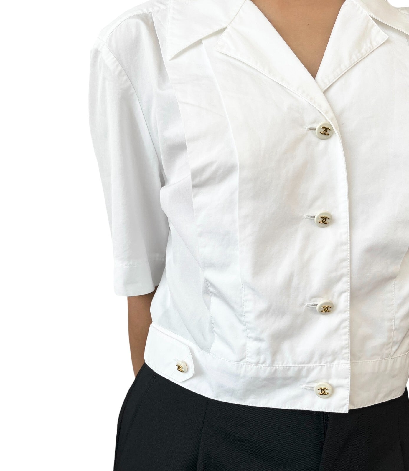 CHANEL Vintage CC Mark Button Cropped Shirt Top White Gold Cotton Rank AB+