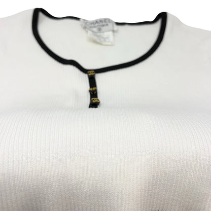 CHANEL Vintage 95P CC Logo Button Knit Cropped Ribbed T-shirt #42 White Cotton