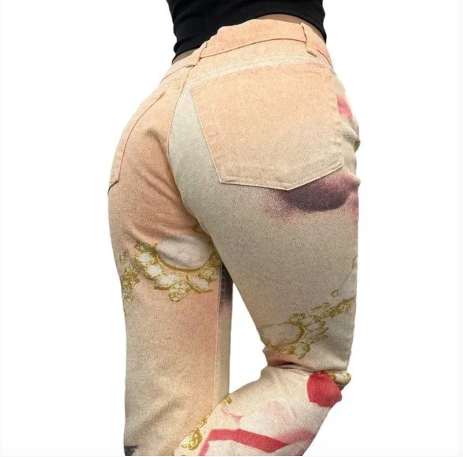 Roberto Cavalli Vintage Logo Jewel Print Pants #XS Glitter Orange Gold Cotton