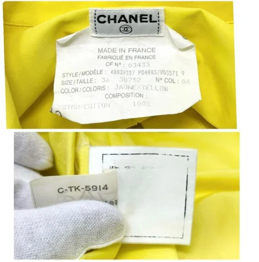 CHANEL Vintage P04883 CC Logo Shirt Top #36 Yellow Gold Cotton Button