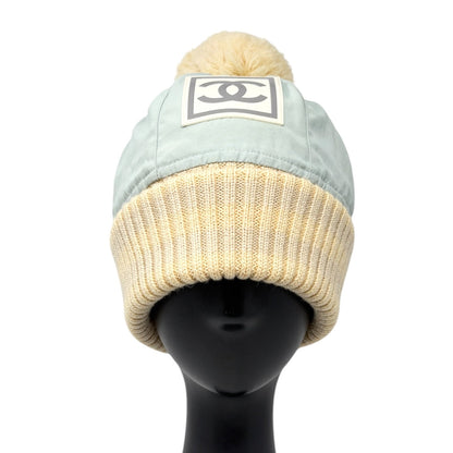CHANEL Sport Vintage CC Logo Knit Pompom Beanie Hat Cap #M Blue Beige 902497