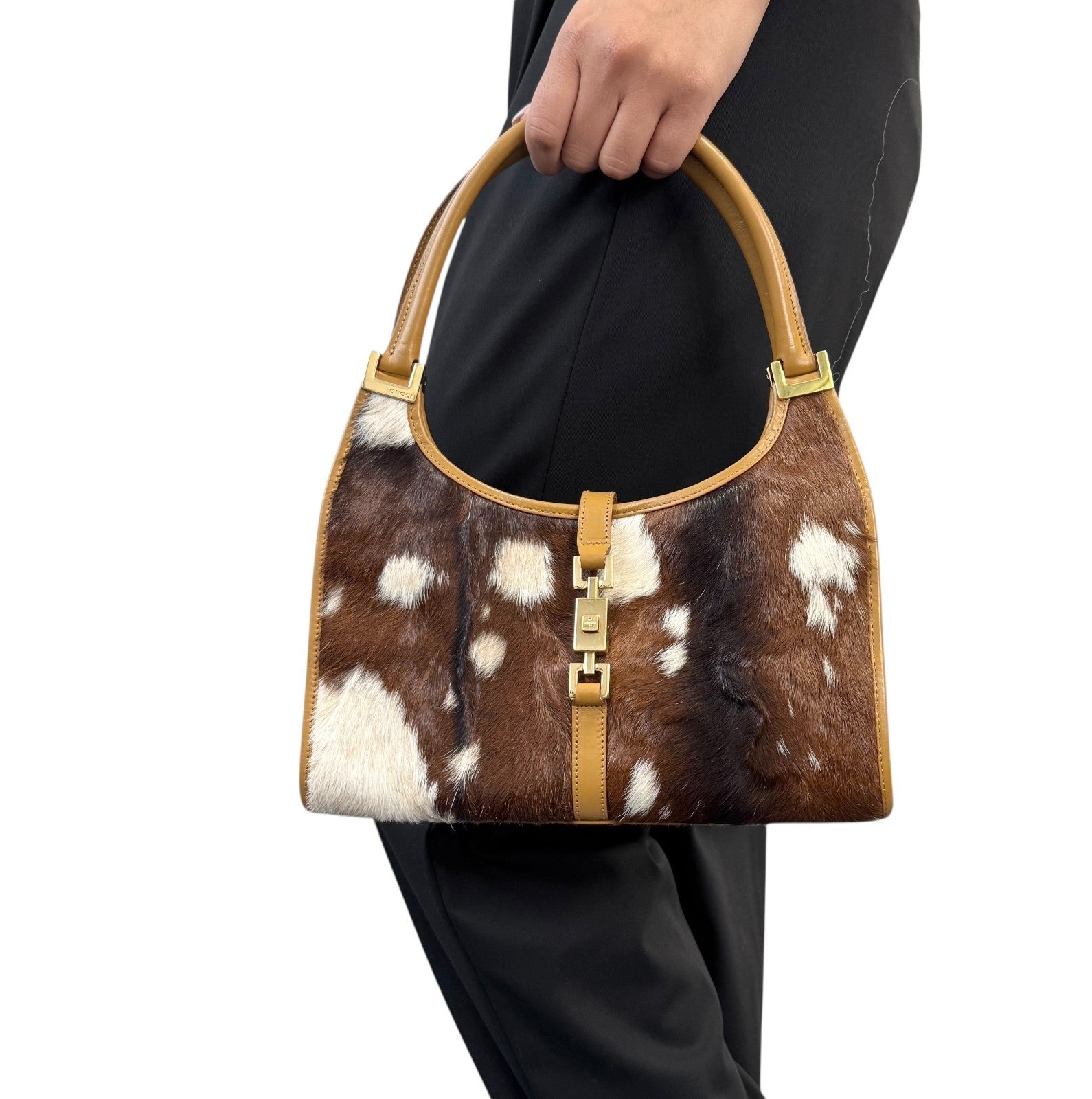 GUCCI Vintage Jackie Cow Pony Calf Hair Shoulder Bag Brown Gold Leather