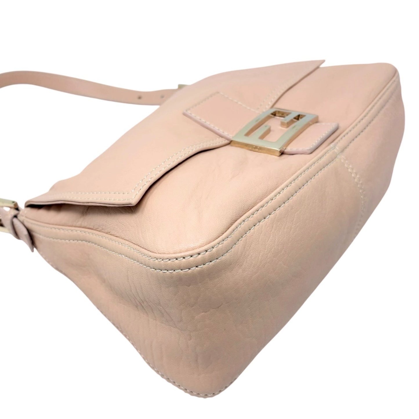 FENDI Vintage FF Logo Mamma Baguette Shoulder Bag Beige Gold Soft Leather