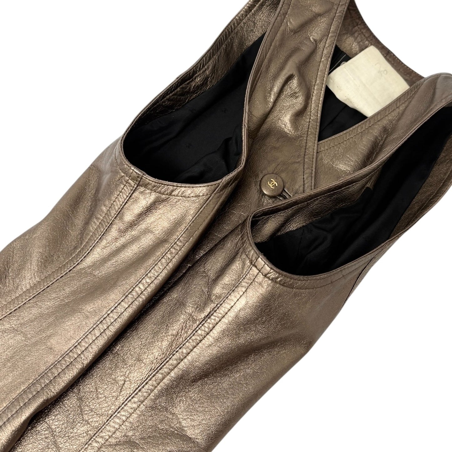 CHANEL Vintage 94A CC Logo Button Leather Dress One-piece #38 Gold Bronze