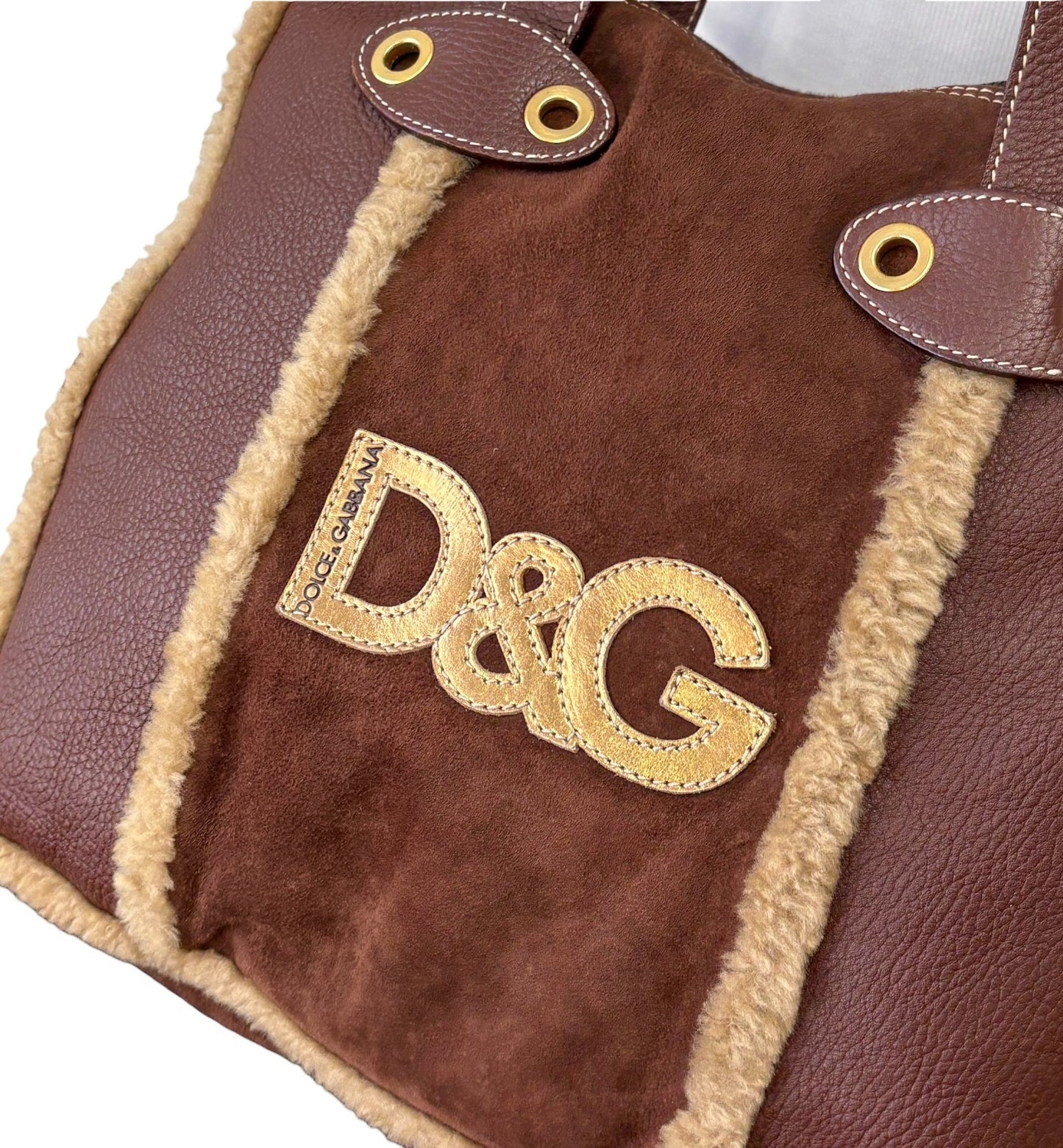 DOLCE&GABBANA Vintage DG Logo Fur Tote Shoulder Bag Brown Beige Suede 902427