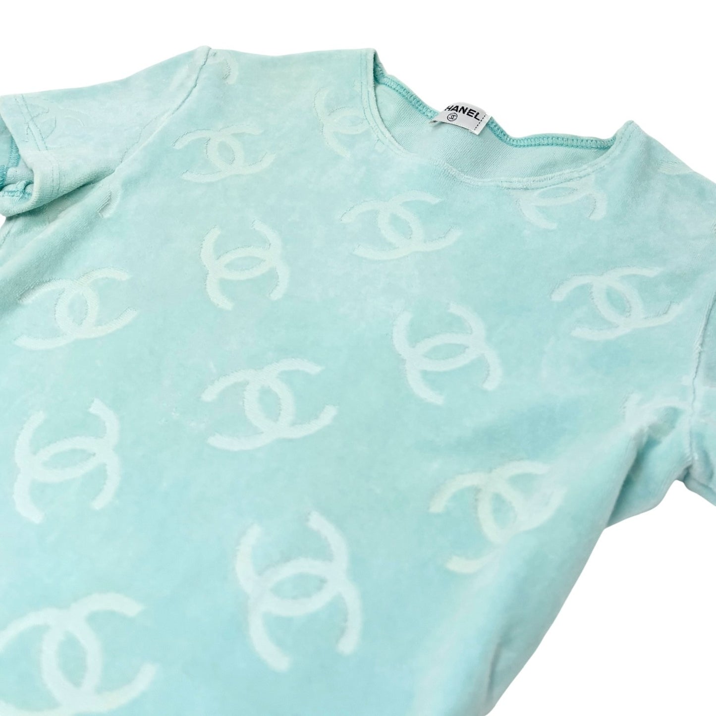 CHANEL Vintage 1996 CC Mark Logo Velour T-shirt #34 Short Sleeve Top Blue