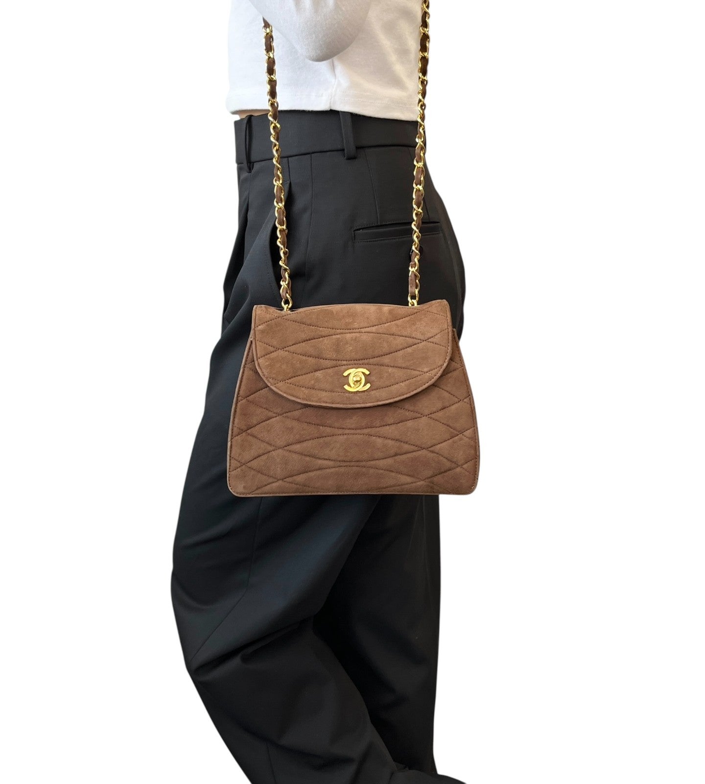 CHANEL Vintage CC Mark Logo Turnlock Chain Crossbody Bag Brown Gold Suede