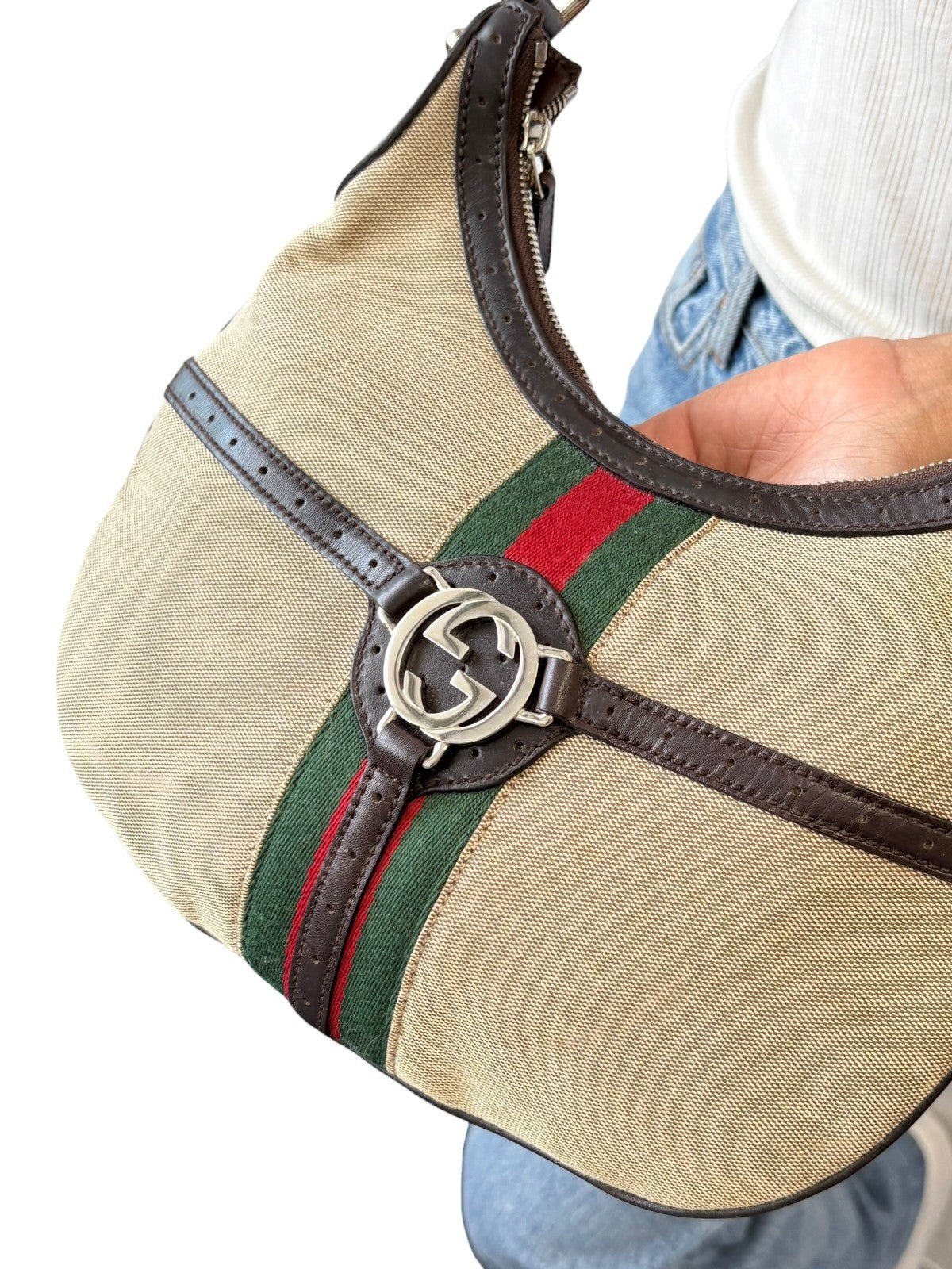 GUCCI Vintage Web Stripe Interlocking GG Logo Canvas Hobo Bag Beige 902206