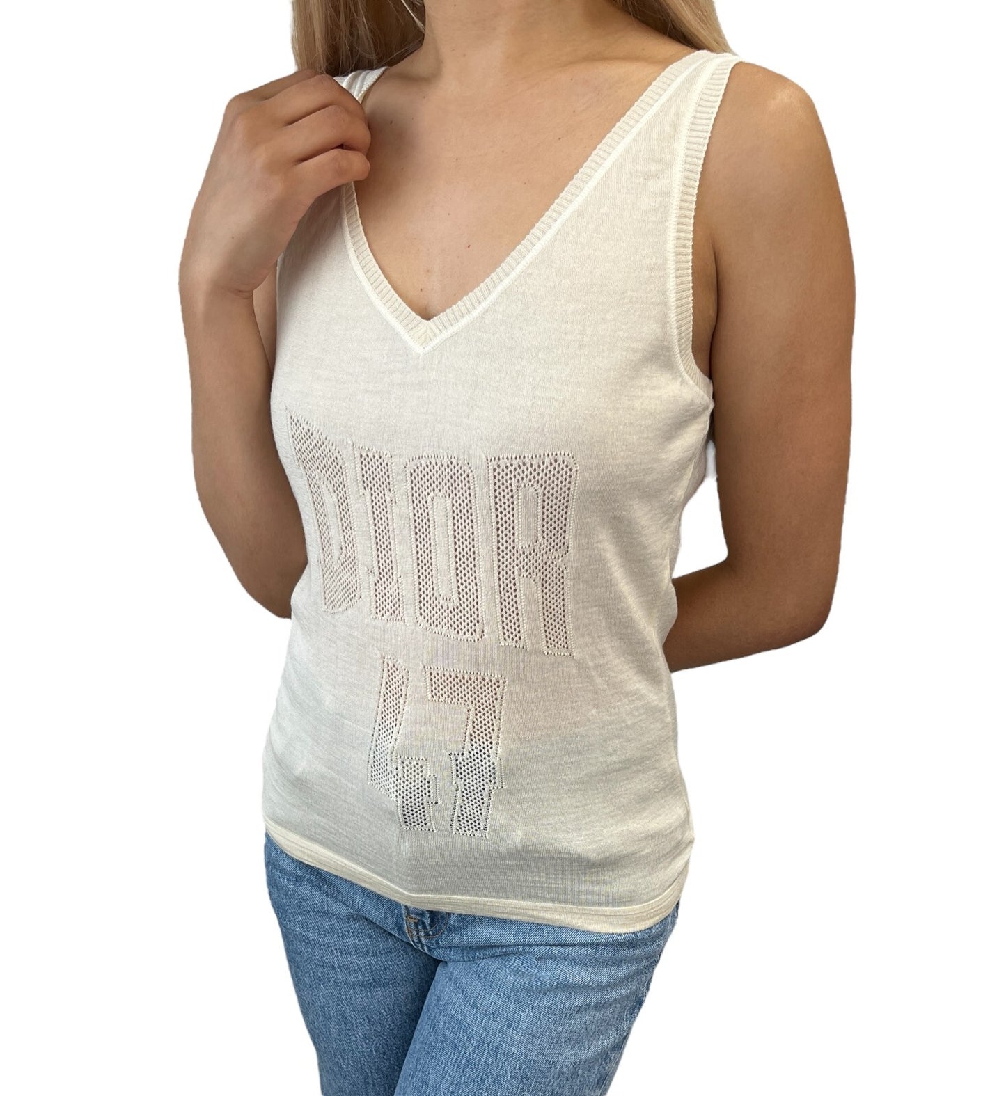 Christian Dior Vintage Logo V-neck Knit Tank Top Mesh Pullover Cream Cotton