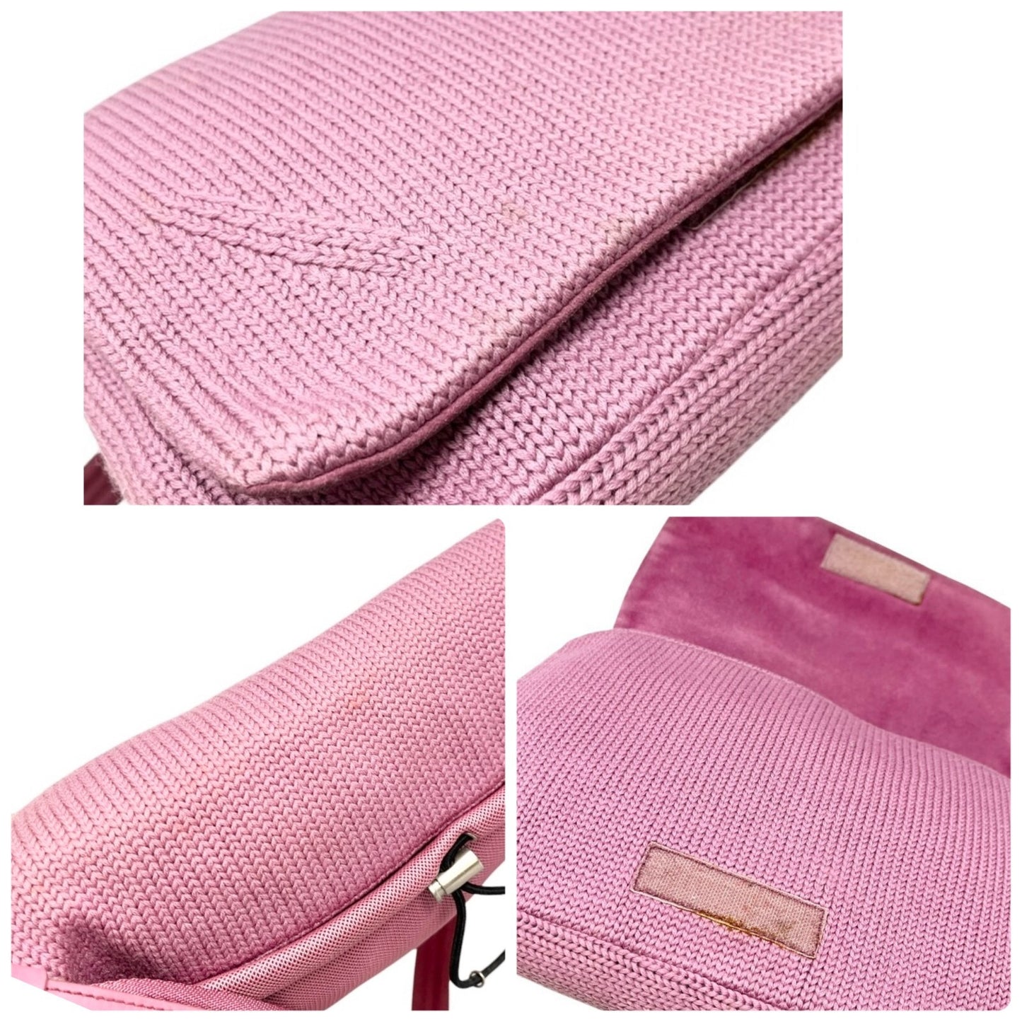 PRADA Vintage Logo Knit Shoulder Bag Pink Silver Cotton Nylon Zip