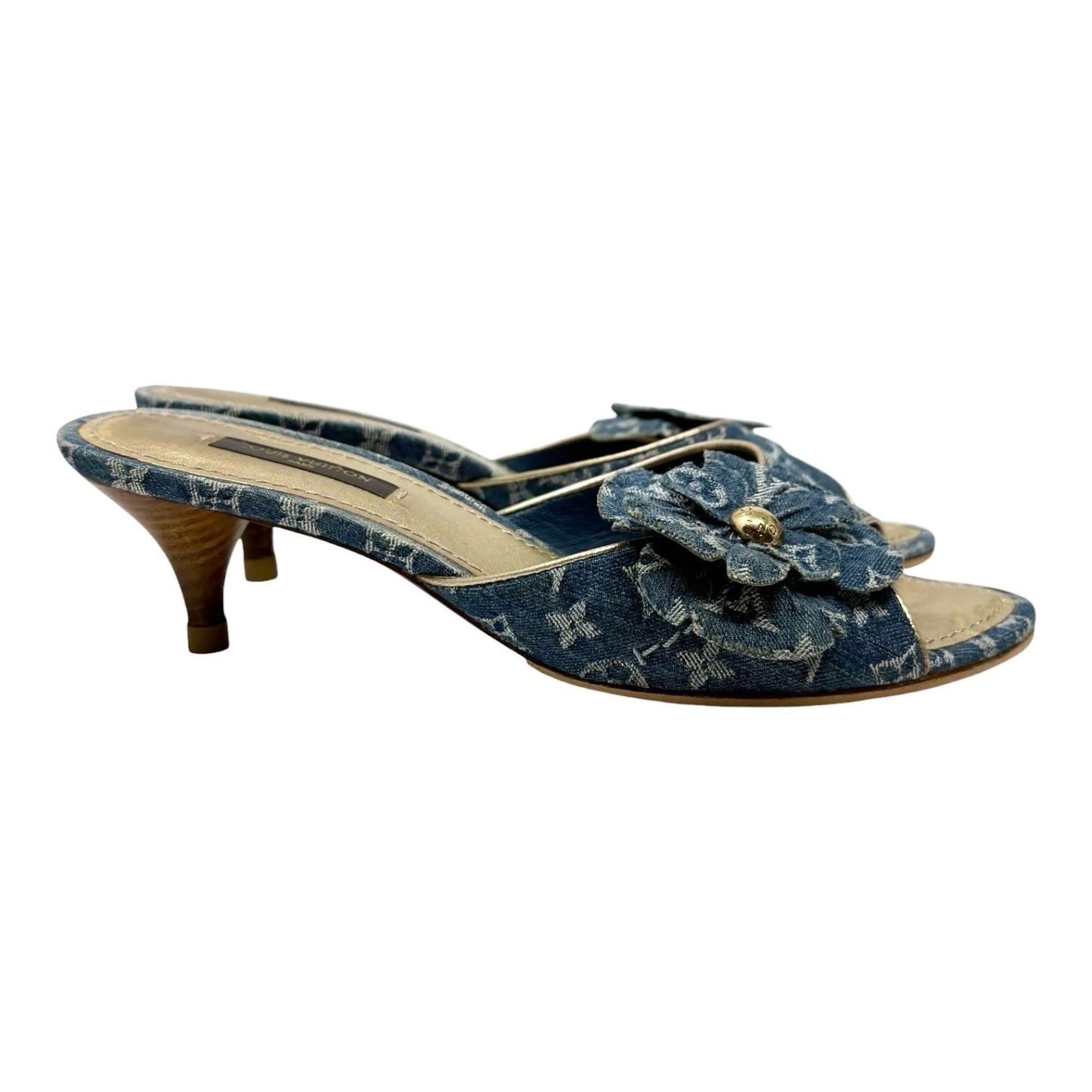LOUIS VUITTON Vintage Monogram Denim Flower Sandals #36 Blue Gold 902407