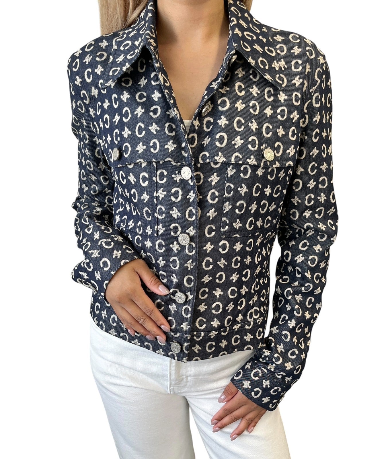 CELINE Vintage 2005 Macadam Monogram Logo Denim Jacket #40 Dark Blue White