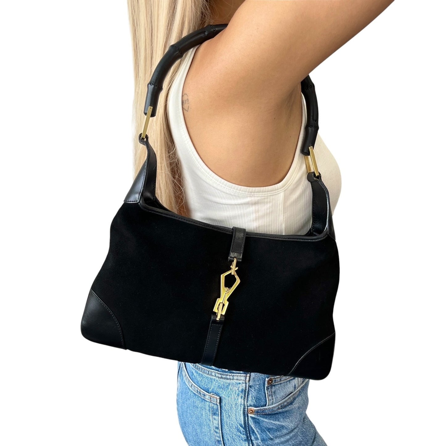Gucci Vintage Bamboo Top Hobo Shoulder Bag Black Gold Suede Leather 106544