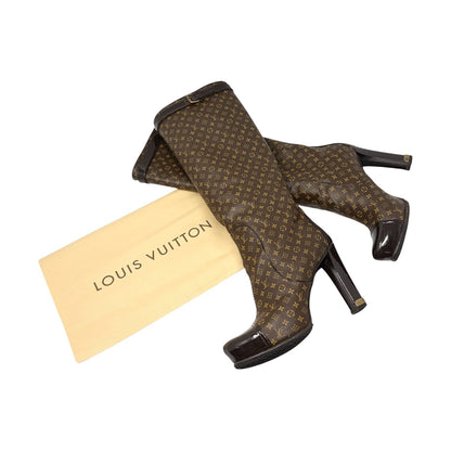 LOUIS VUITTON Vintage LV Monogram Long Boots #37-37.5 Heels Brown Black 902463