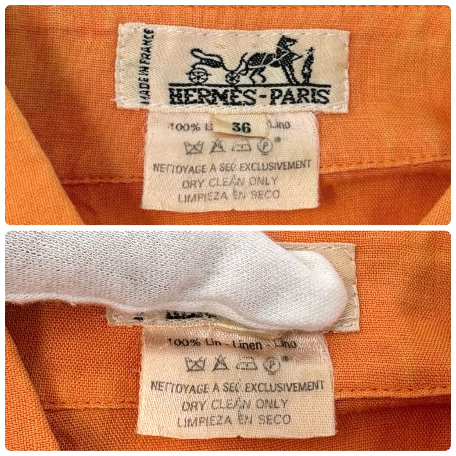 HERMES Vintage Button Up Shirt Top #36 Horse Carriage Embroidery Orange Linen