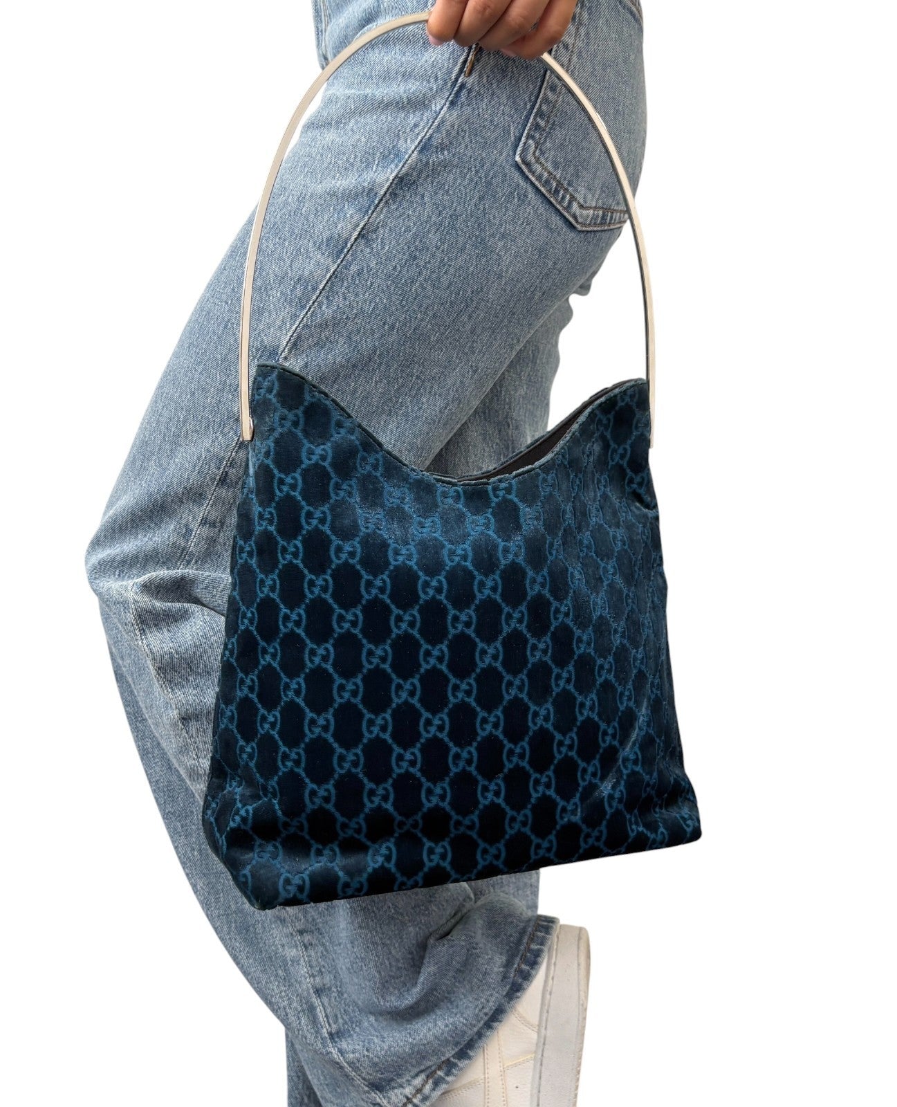 Gucci Vintage GG Monogram Suede Hobo Shoulder Bag Blue Silver Leather 902062