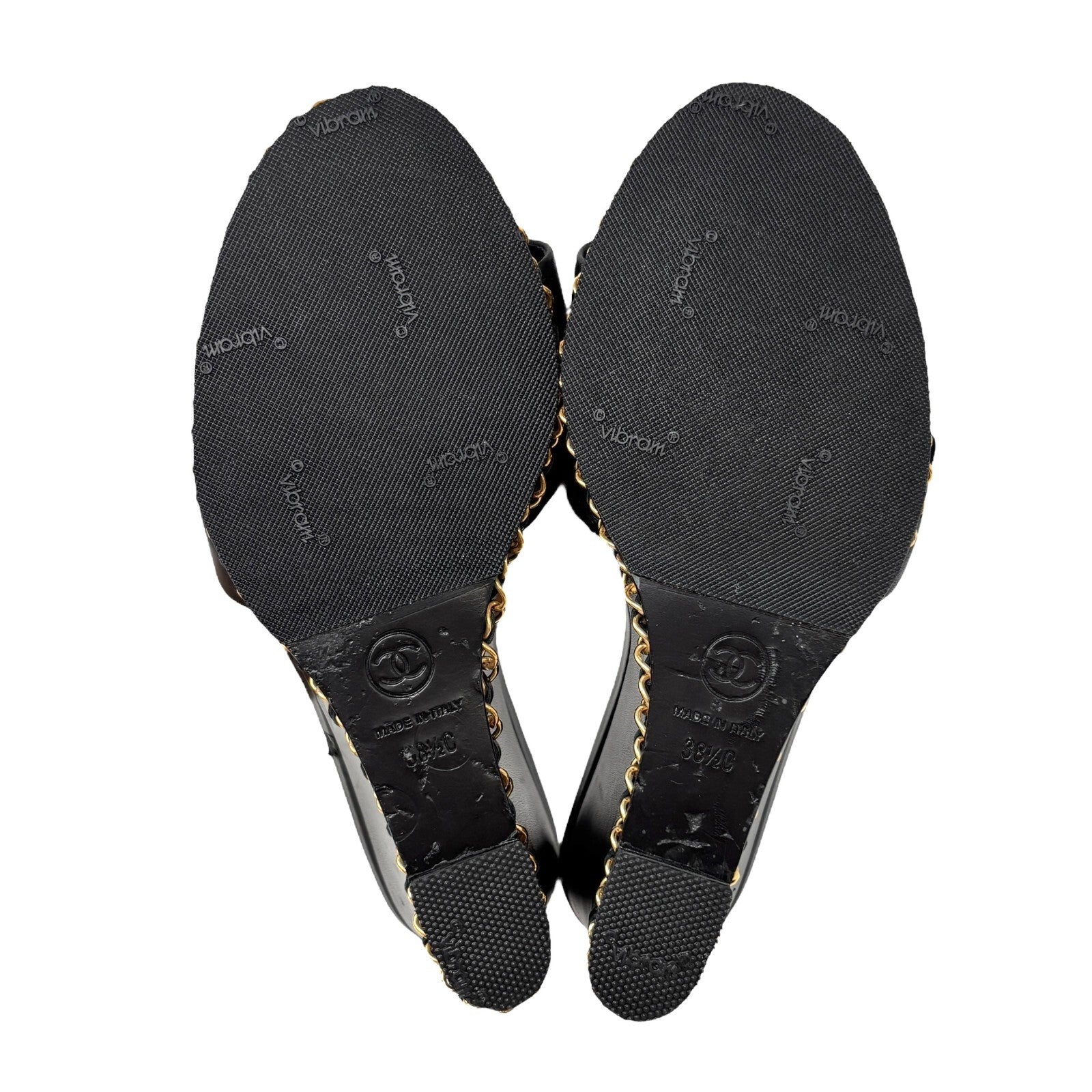 CHANEL Vintage CC Logo Chain Wedge Sole Sandals #37-38.5 Black Gold Leather