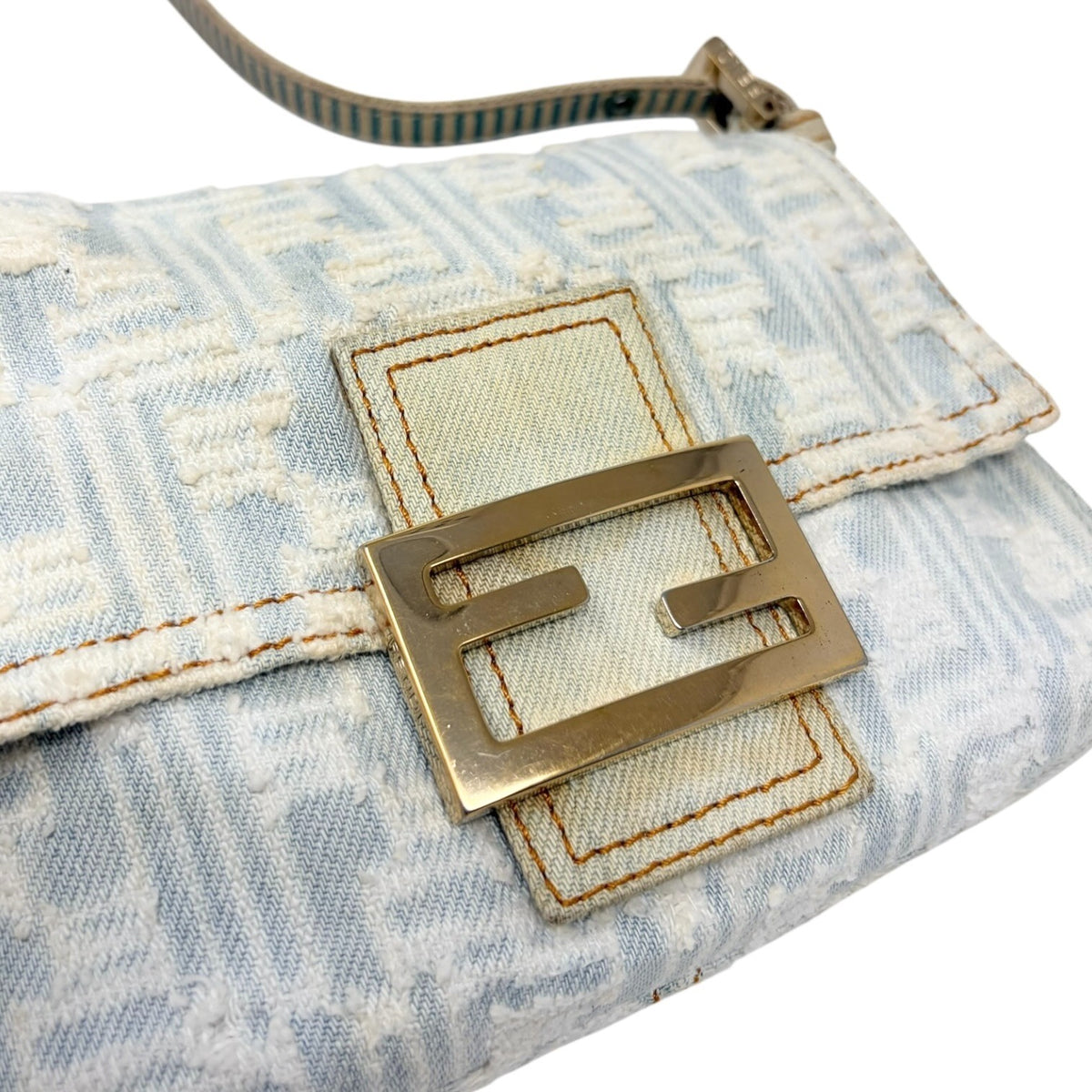 FENDI Vintage FF Zucca Monogram Denim Mamma Baguette Shoulder Bag Blue 902483