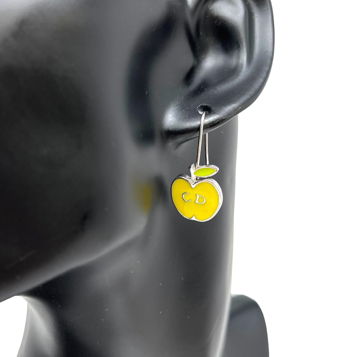 Dior Vintage CD Logo Earrings Accessory Apple Design Yellow Silver Green RankA