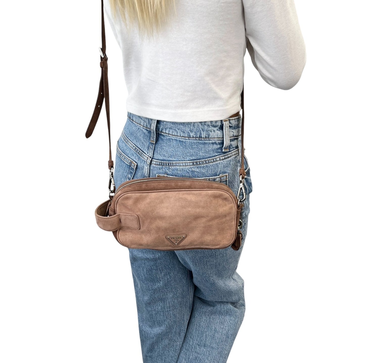 PRADA Vintage Logo 2way Crossbody Bag Clutch Pochette Mocha Brown Suede Zip