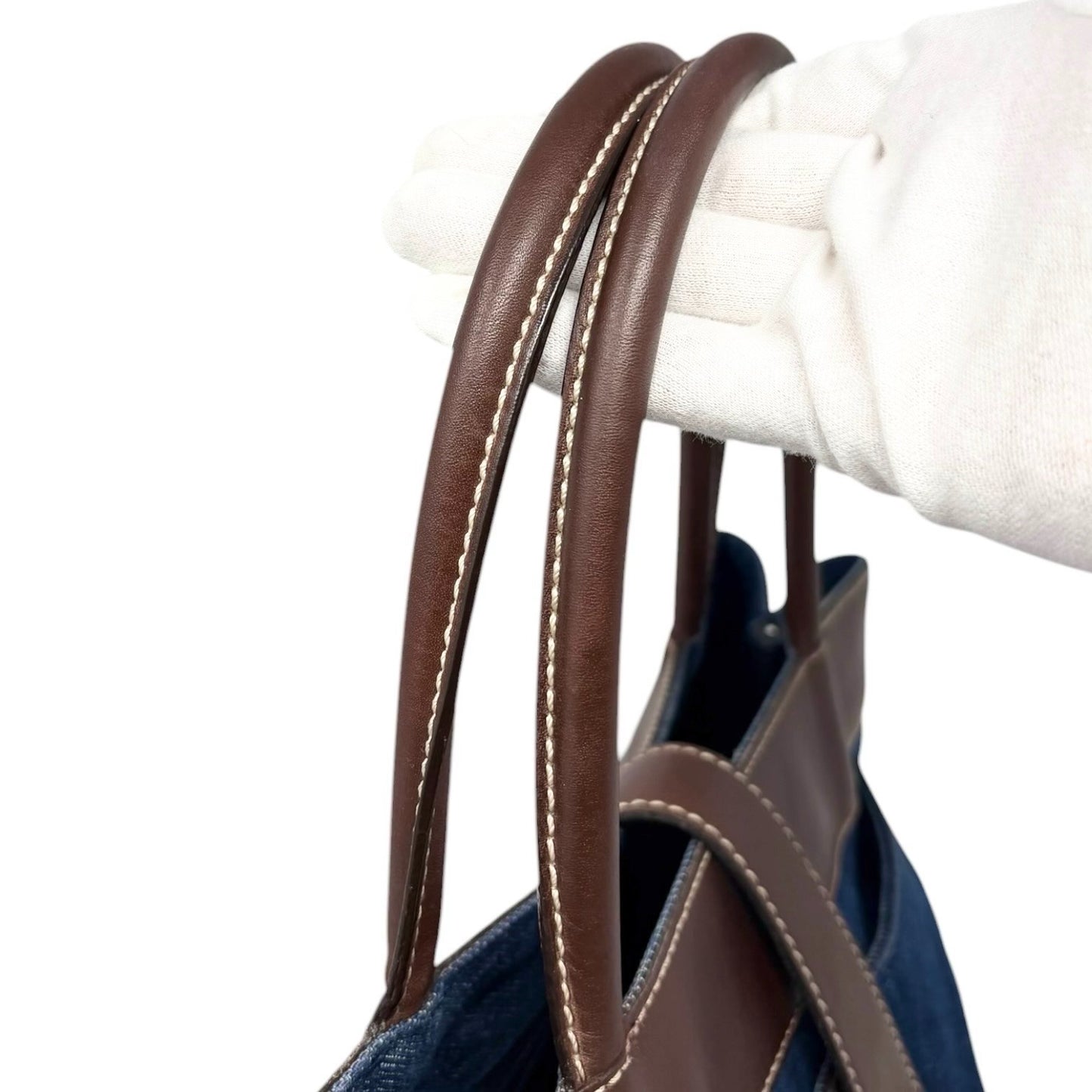 CHANEL Vintage CC Logo Denim Turnlock Tote Shoulder Bag Blue Brown Leather