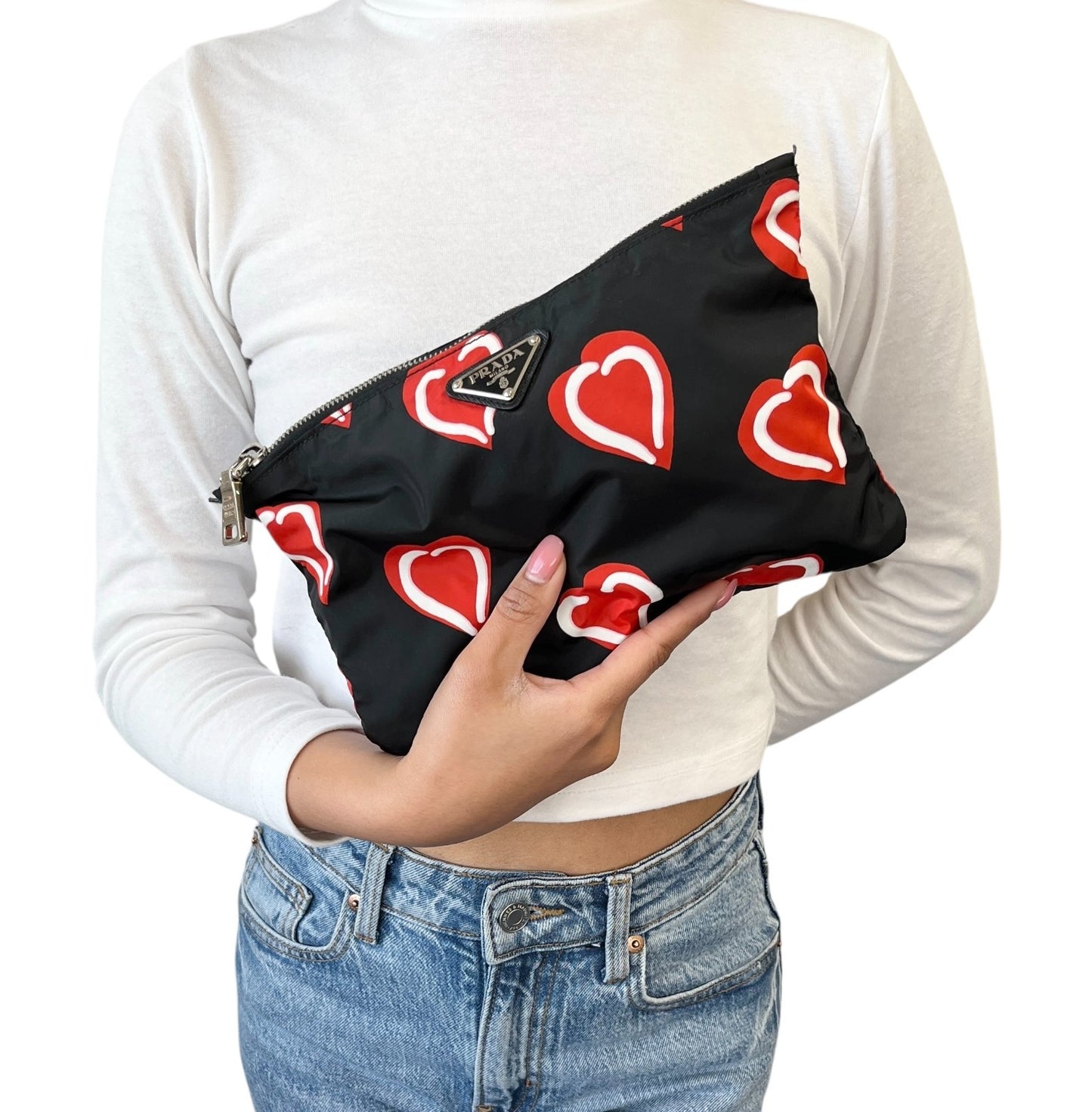 PRADA Vintage Logo Heart Pattern Print Tote Bag Handbag Pouch Black Red Nylon