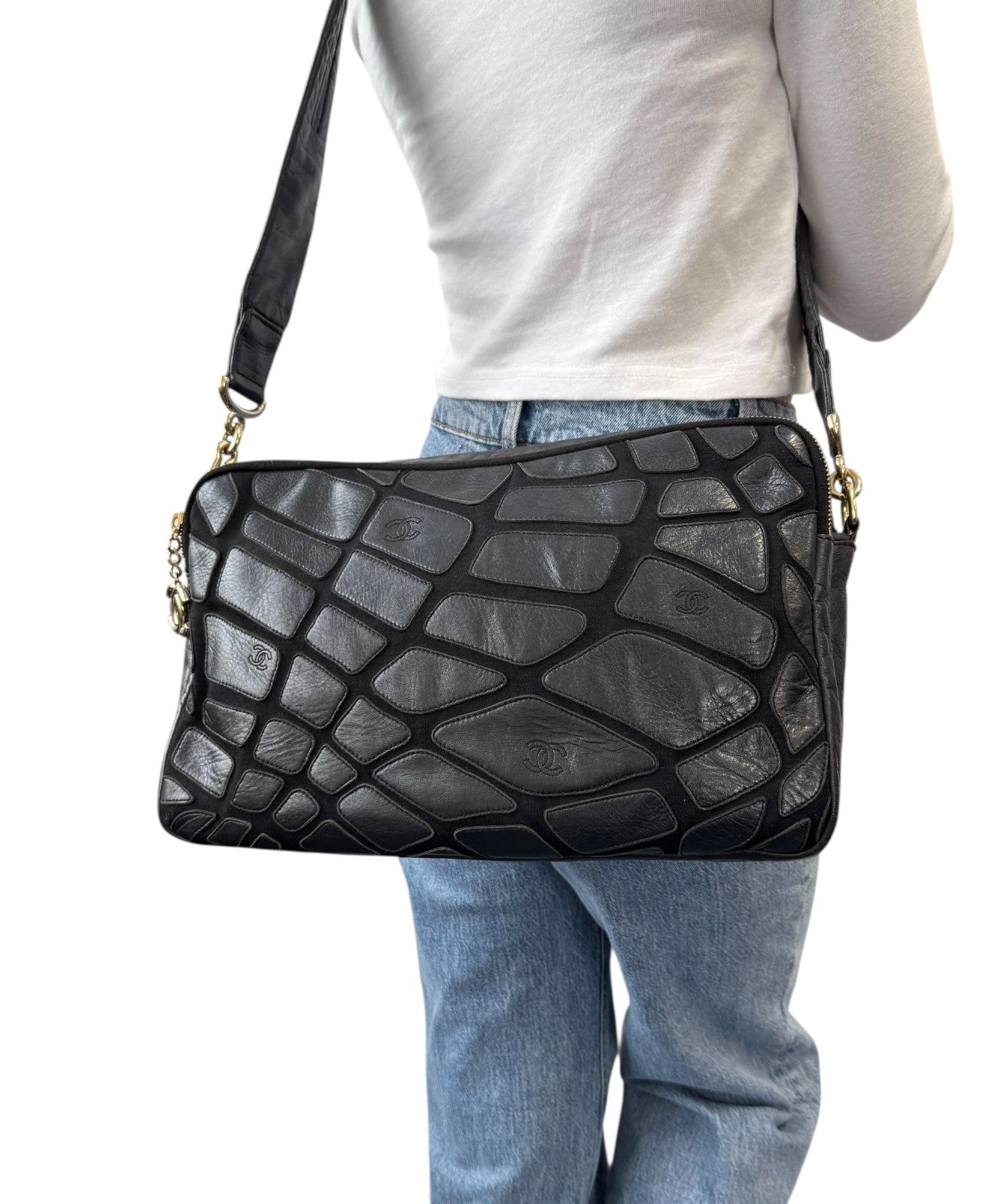 CHANEL Vintage CC Logo Crossbody Bag Lambskin Jersey Scales Leather Black Gold