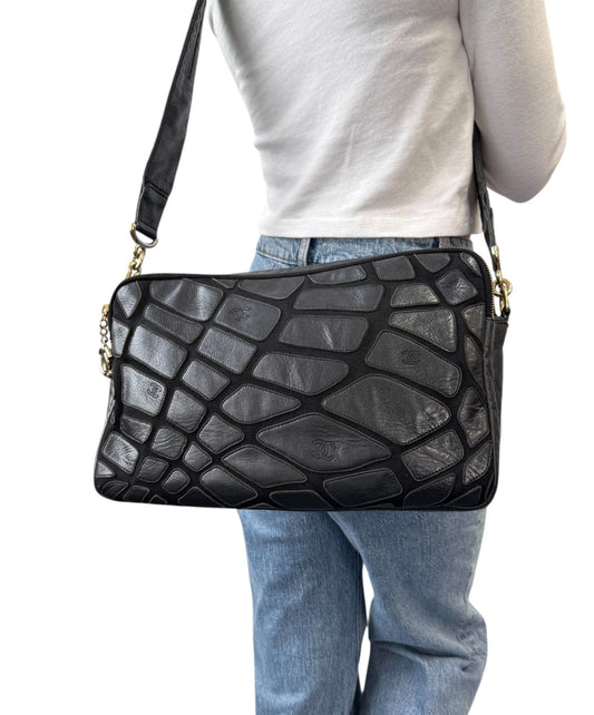 CHANEL Vintage CC Logo Crossbody Bag Lambskin Jersey Scales Leather Black Gold