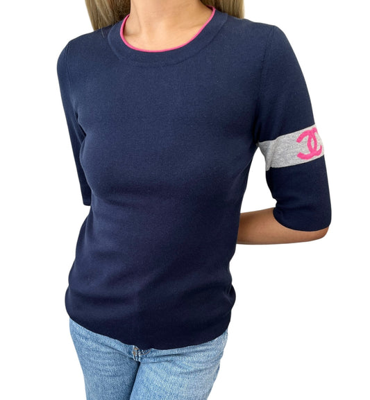 CHANEL Vintage 08P CC Logo Cashmere Knit Top #46 Dark Blue Pink Gray 902453