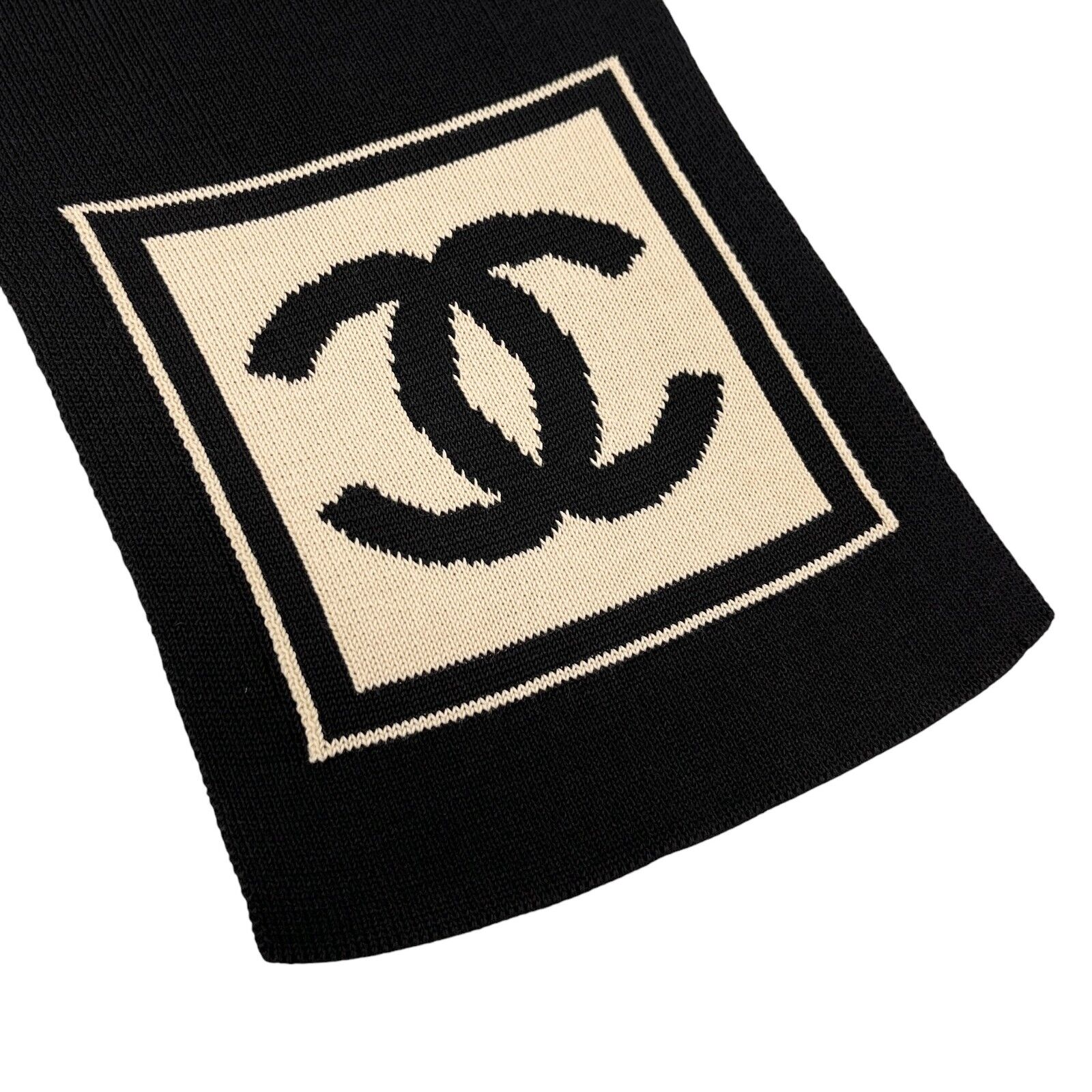 CHANEL Sport Vintage 03A CC Mark Logo Knit Scarf Shawl Black Beige Cotton