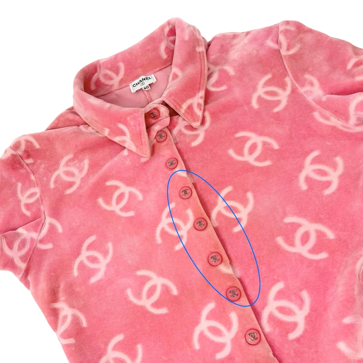 CHANEL Vintage 96A CC Logo Snap Button Velour Shirt Top #40 Pink Cotton