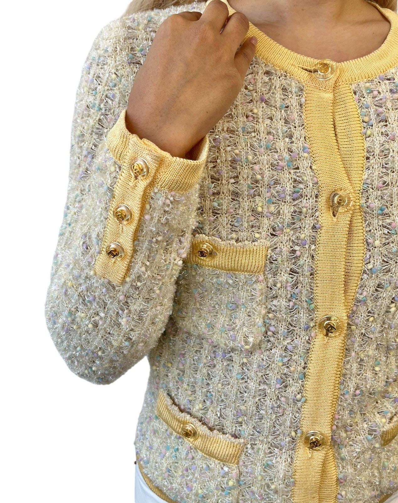 CHANEL Vintage 97P CC Mark Logo Tweed Cardigan #38 Sweater Yellow Nylon