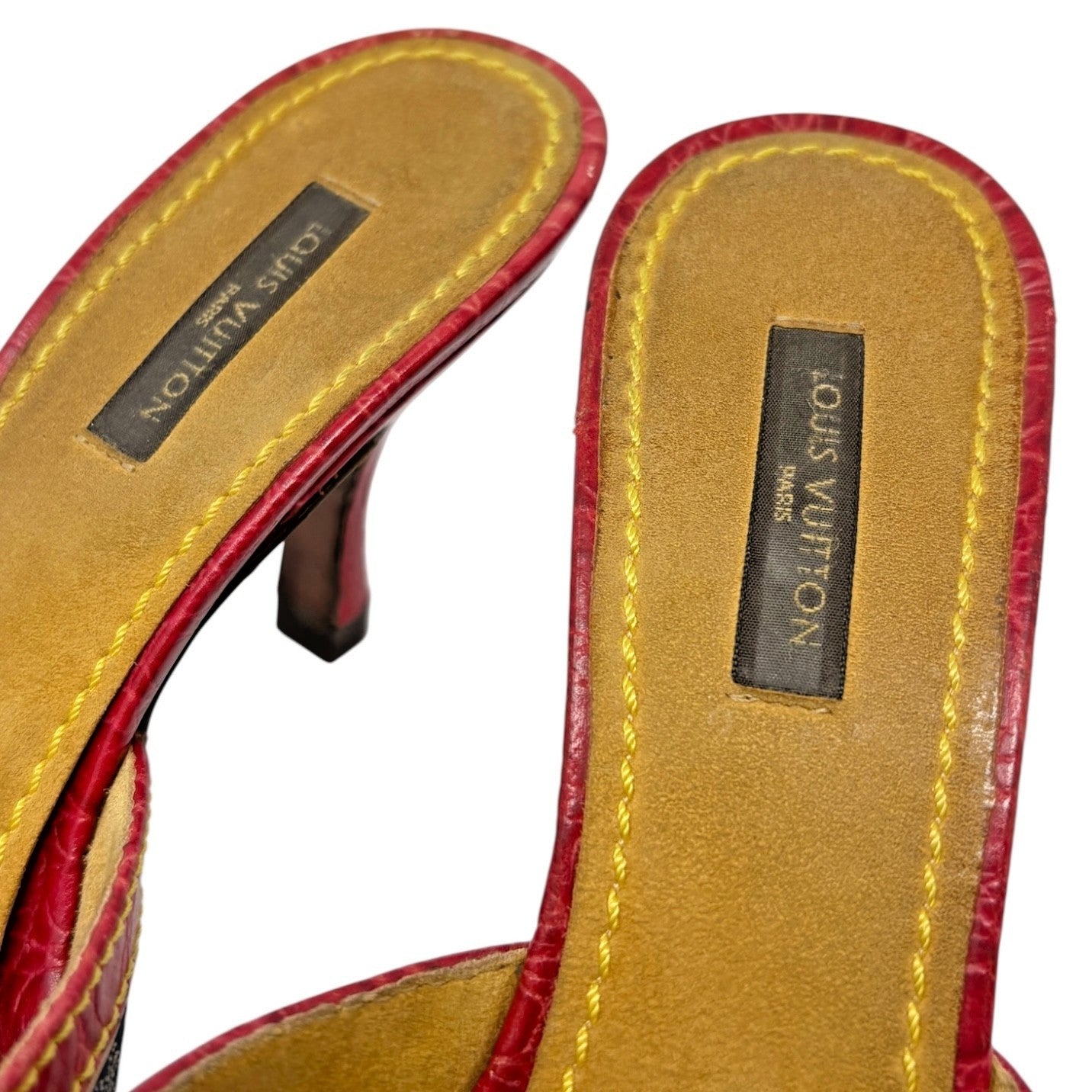 LOUIS VUITTON Vintage Monogram Denim Heels Sandals #36.5 Blue Brown Leather