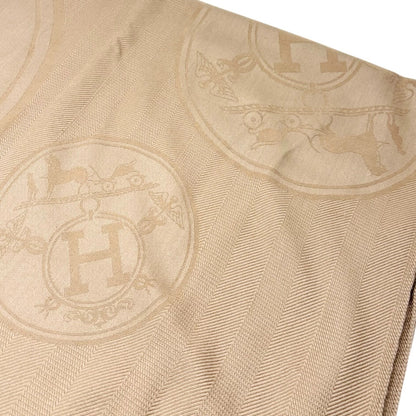 HERMES Vintage H Logo Cashmere New Libris Shawl Scarf Wrap Beige Silk 902845