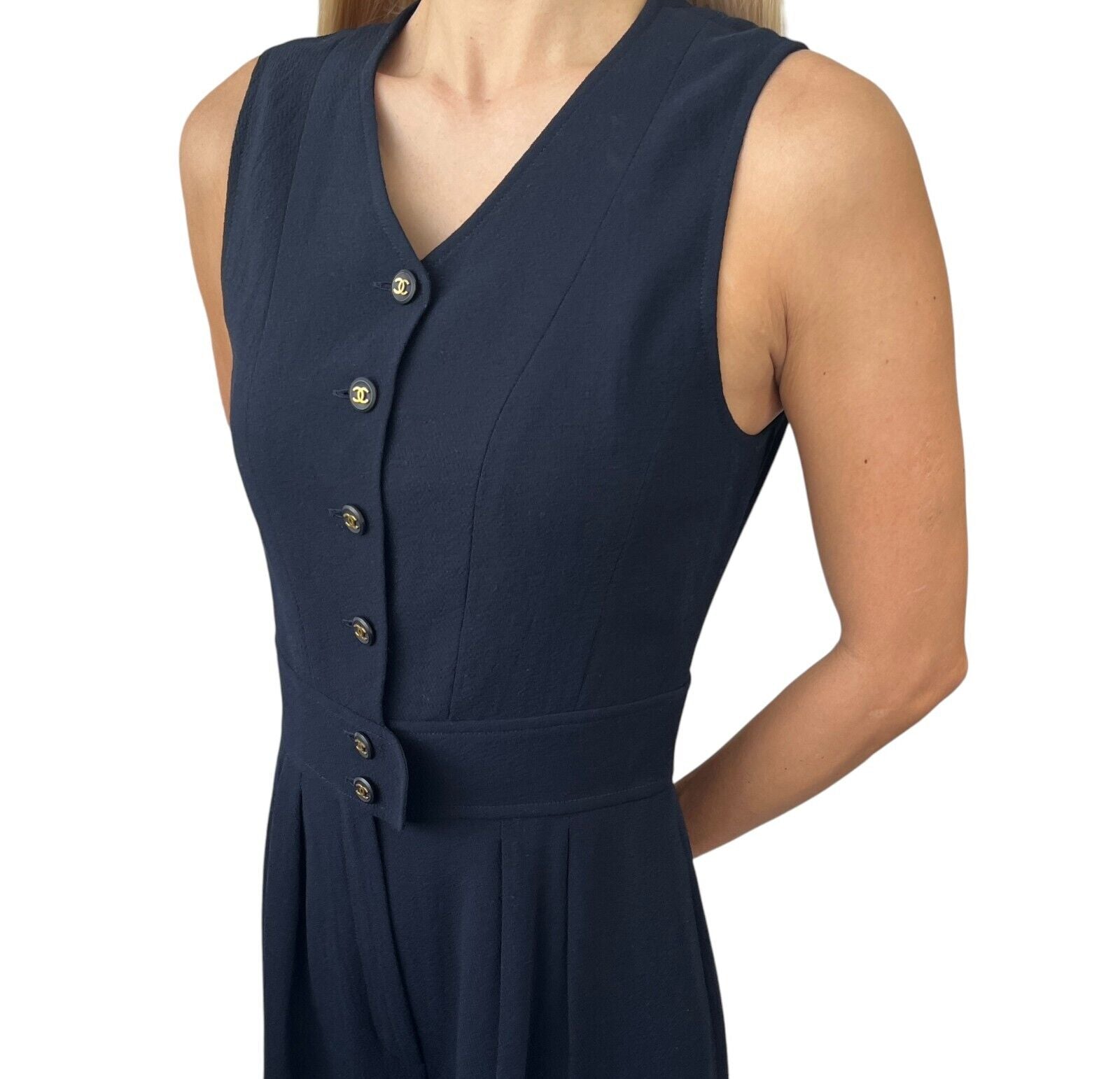 CHANEL Vintage CC Mark Logo Culottes Dress #40 Dark Blue Gold Wool Sleeveless