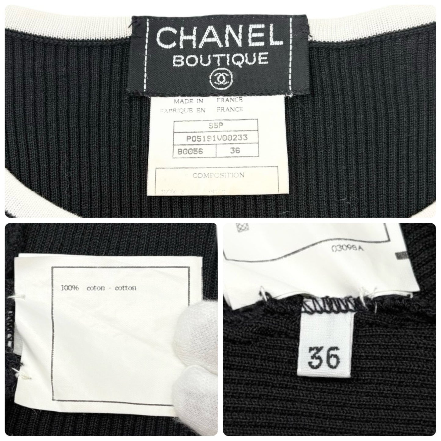CHANEL Vintage 95P CC Logo Cropped Ribbed T-shirt #36 Black White Cotton