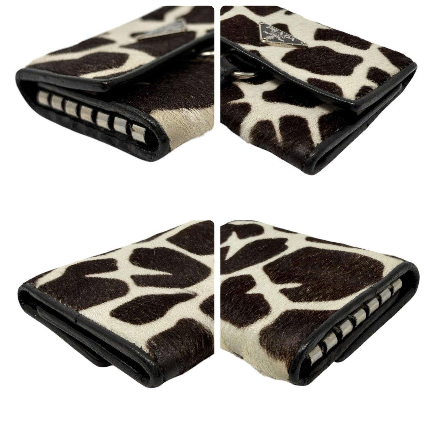 PRADA Vintage Triangle Logo Giraffe Pony Hair Mini Key Case Brown White 902440