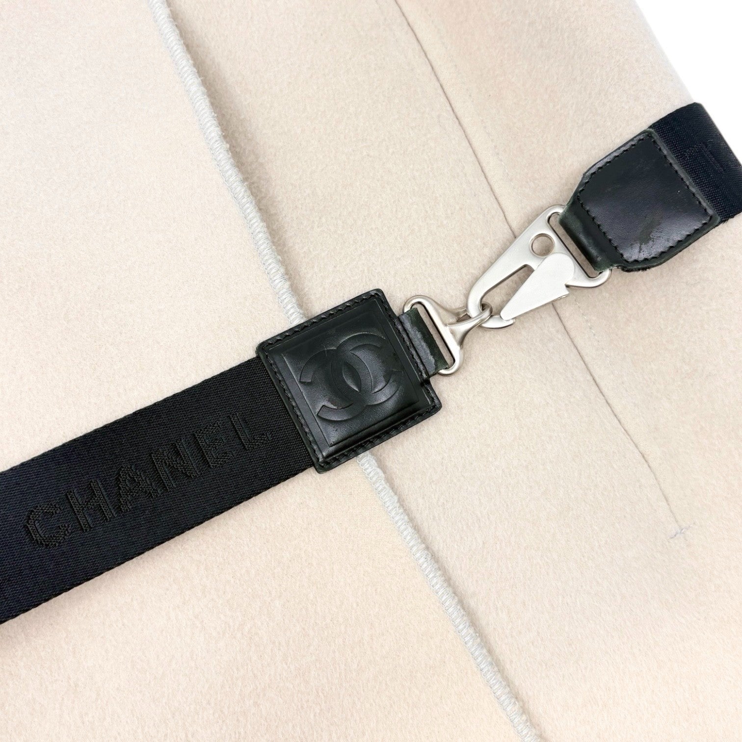 CHANEL Sport Vintage CC Mark Logo Open Front Jacket Belt Beige Black Wool