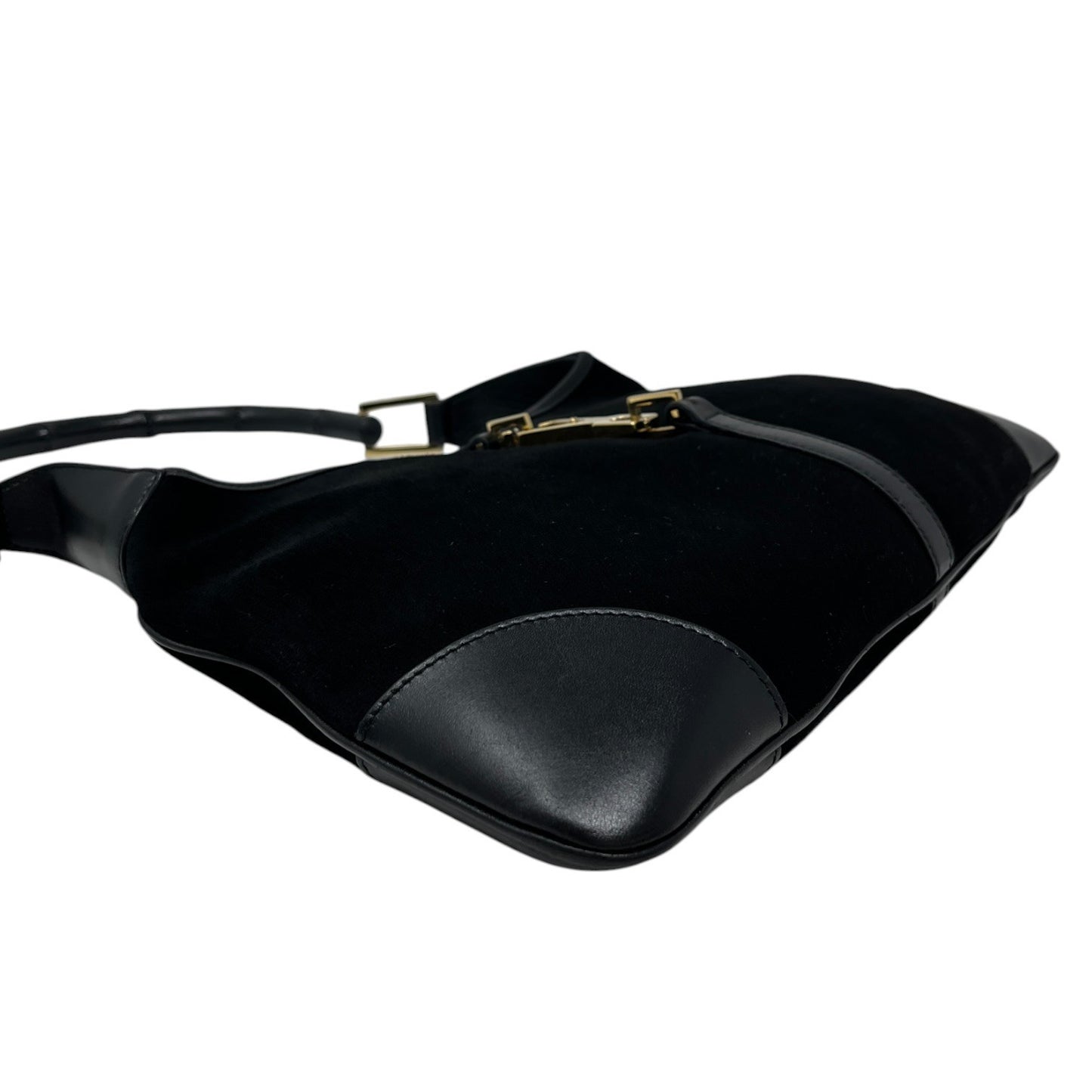 Gucci Vintage Bamboo Top Hobo Shoulder Bag Black Gold Suede Leather 106544