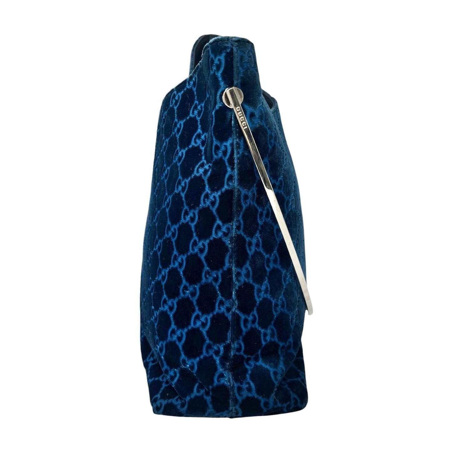Gucci Vintage GG Monogram Suede Hobo Shoulder Bag Blue Silver Leather 902062