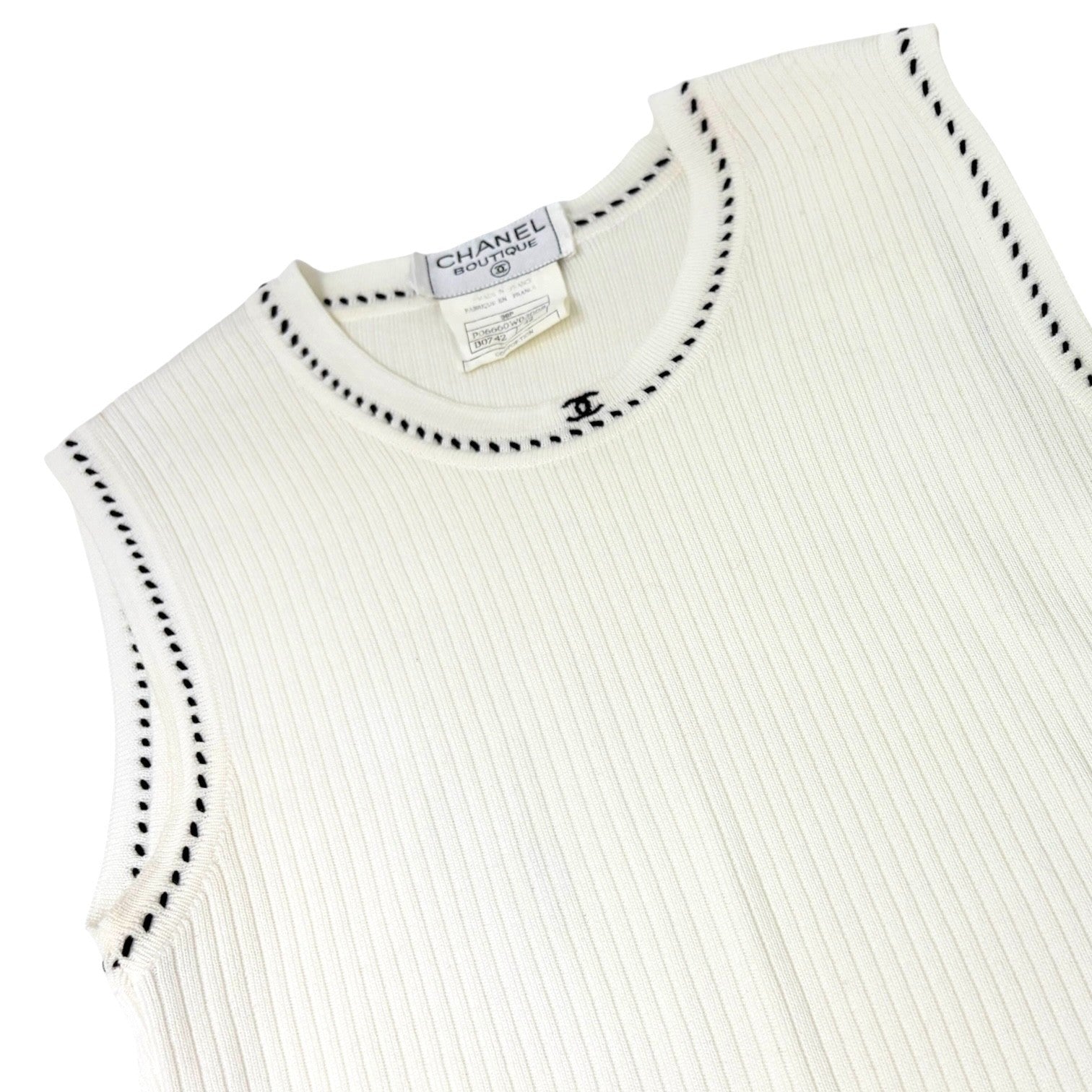 CHANEL Vintage 96P CC Mark Logo Knit Tank Top #42 White Black Cotton Stitch