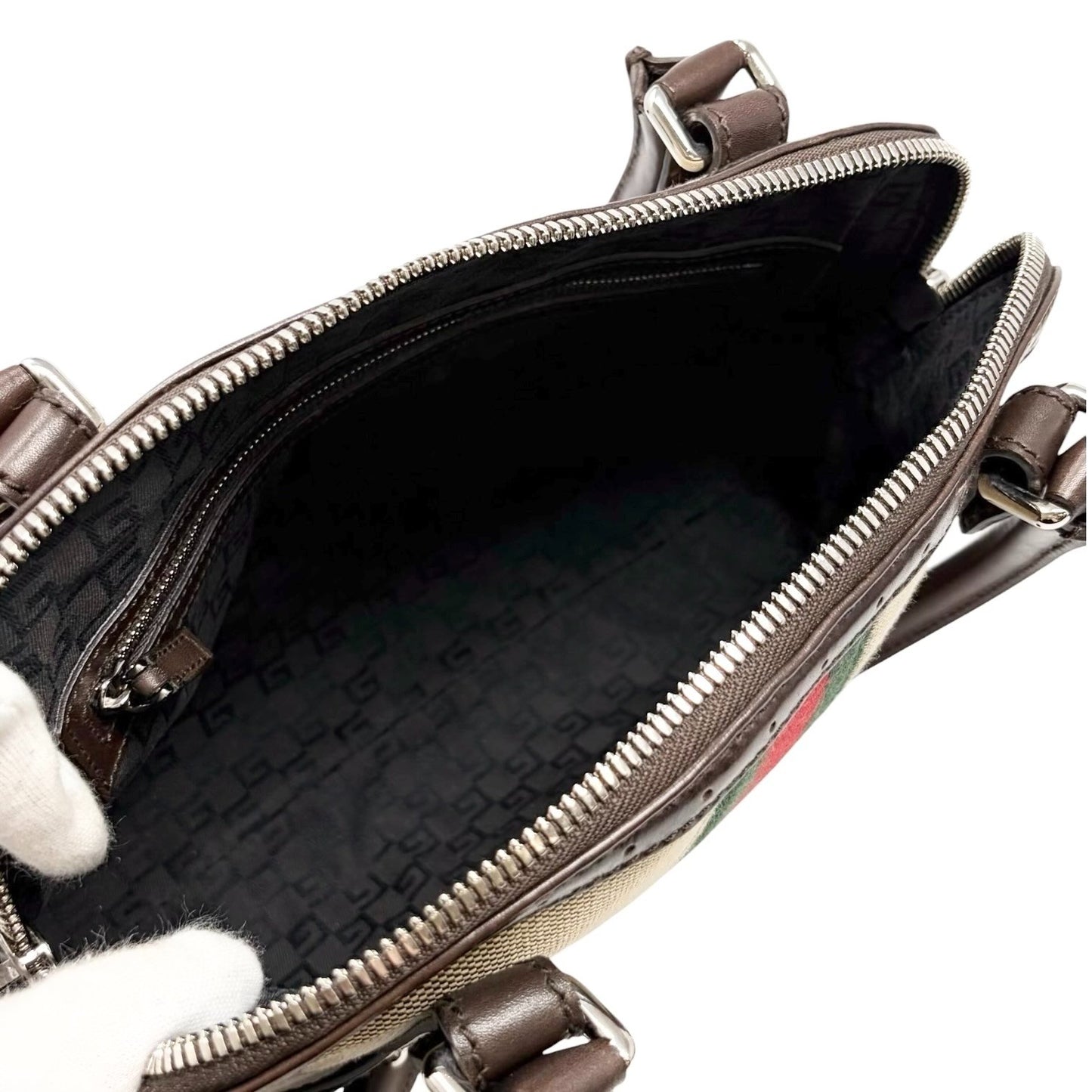 GUCCI Vintage GG Interlocking Web Stripe Canvas Shoulder Bag Beige Brown 901803