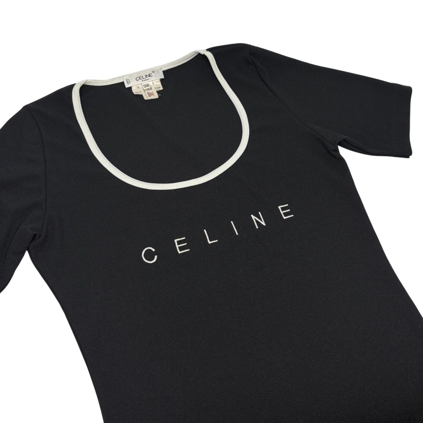 CELINE Vintage Logo T-shirt Top #38 Black White Short Sleeve Polyester 902429