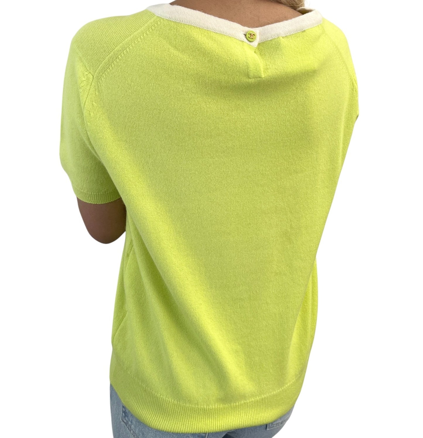 CHANEL Vintage 96C Coco Mark Logo Knit Top #44 Green Gold Cashmere Button